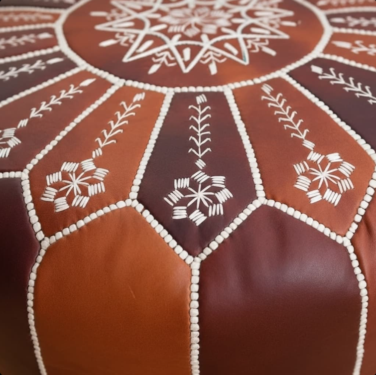 Pouf Rond en Cuir Véritable 21″ – Pouf de Sol Fait Main avec Broderie