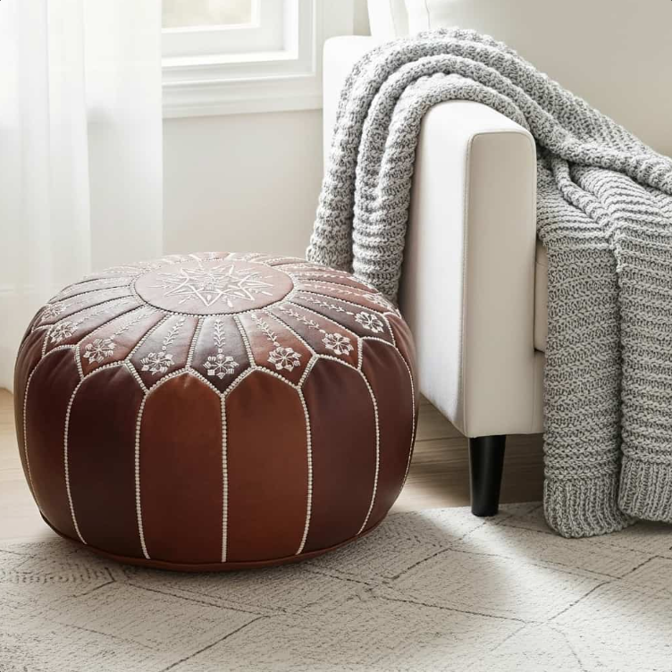 Pouf Rond en Cuir Véritable 21″ – Pouf de Sol Fait Main avec Broderie