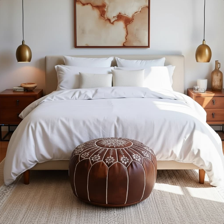 Pouf Rond en Cuir Véritable 21″ – Pouf de Sol Fait Main avec Broderie