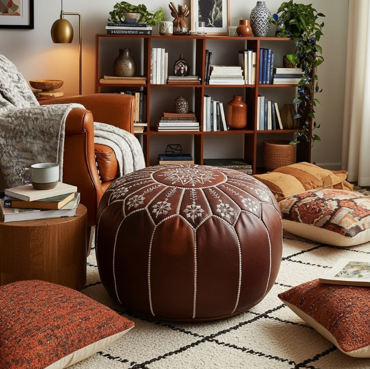 Pouf Rond en Cuir Véritable 21″ – Pouf de Sol Fait Main avec Broderie