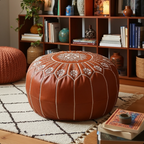 Pouf Rond en Cuir Véritable 21″ – Pouf de Sol Fait Main avec Broderie