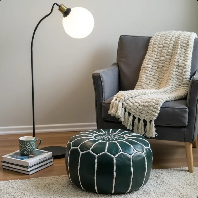 Ensemble de poufs ronds en cuir fait main – 53 cm (ensemble de 4)