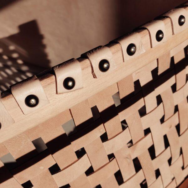 Solid oak wood armchair with leather straps