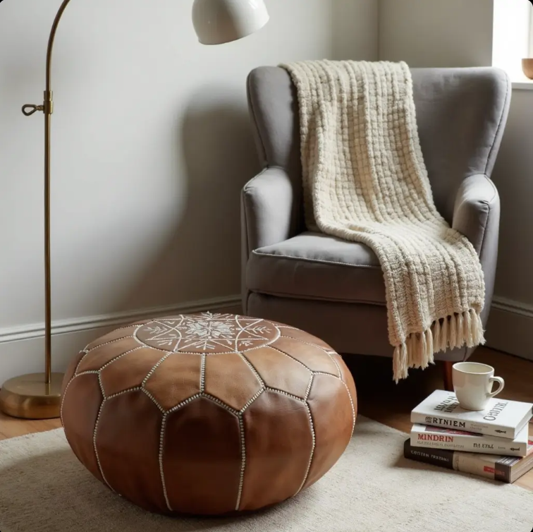 Ensemble de poufs ronds en cuir fait main – 53 cm (ensemble de 4)