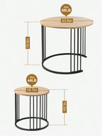 Two round side tables with dimensions and weight capacity labels on a white background