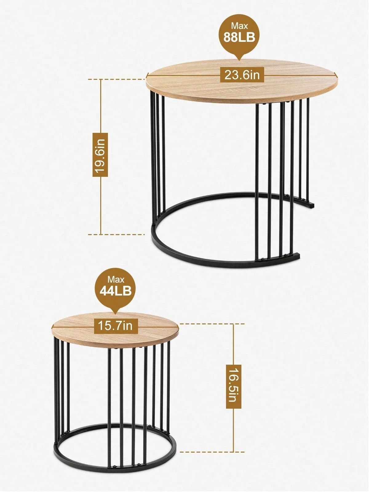 Two round side tables with dimensions and weight capacity labels on a white background