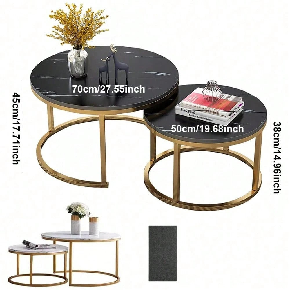 Set of round coffee tables with gold frames and black marble-like tops, showing dimensions.