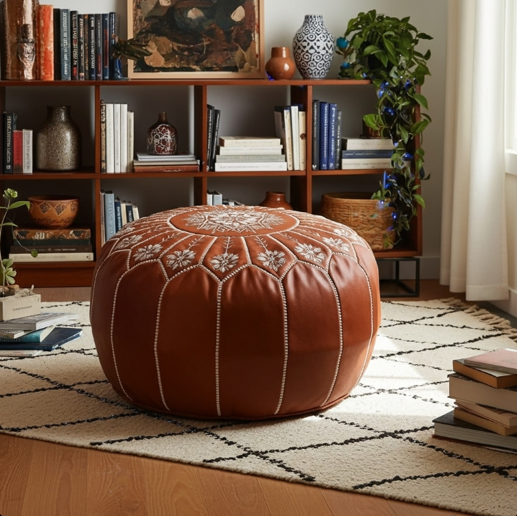 Pouf Rond en Cuir Véritable 21″ – Pouf de Sol Fait Main avec Broderie