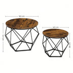 Two wooden side tables with metal geometric bases and dimensions on a white background