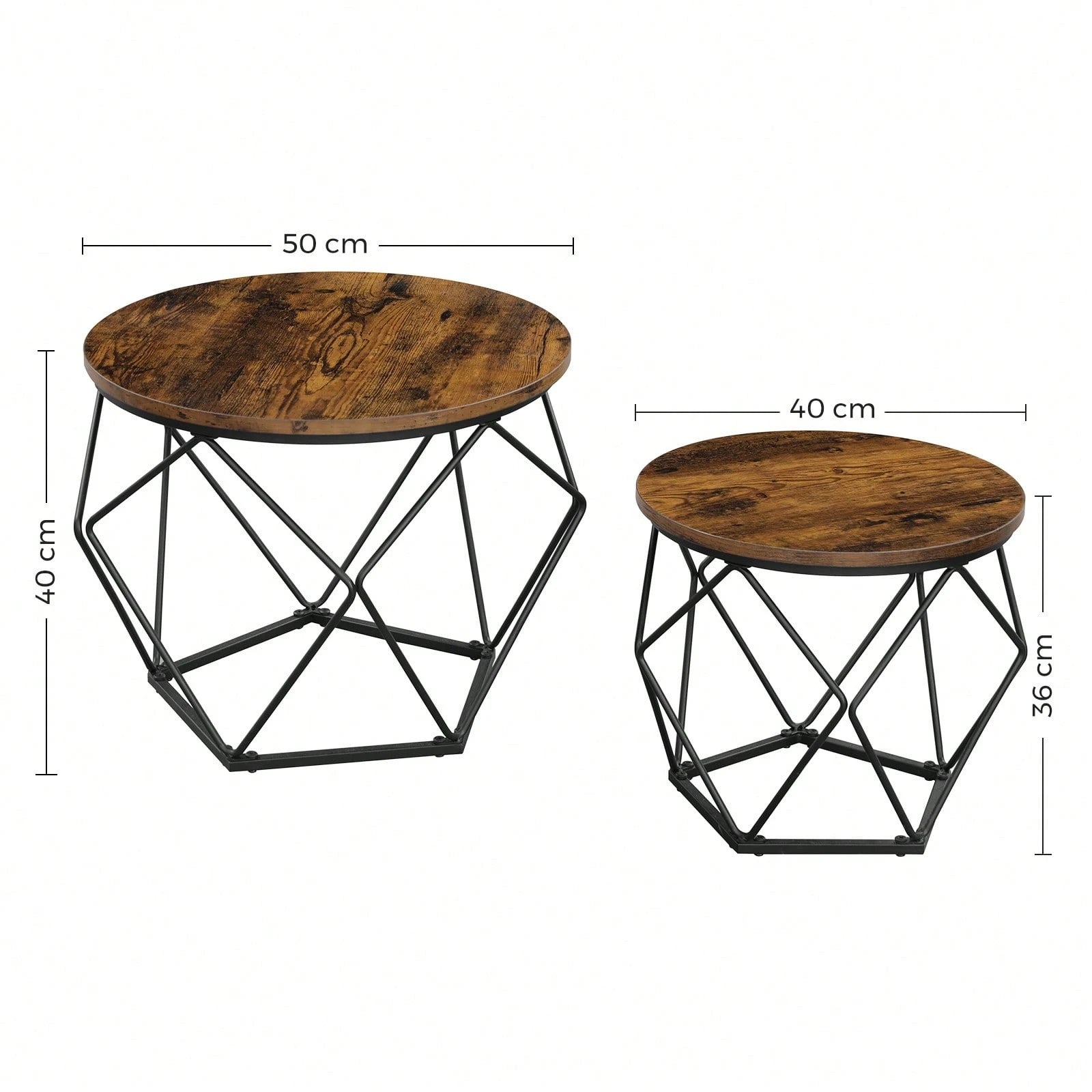 Two wooden side tables with metal geometric bases and dimensions on a white background
