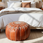 Pouf Rond en Cuir Véritable 21″ – Pouf de Sol Fait Main avec Broderie
