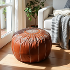 Pouf Rond en Cuir Véritable 21″ – Pouf de Sol Fait Main avec Broderie