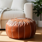 Pouf Rond en Cuir Véritable 21″ – Pouf de Sol Fait Main avec Broderie