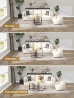 Three different arrangements of a living room setup with a sofa, coffee table, and decorative items.