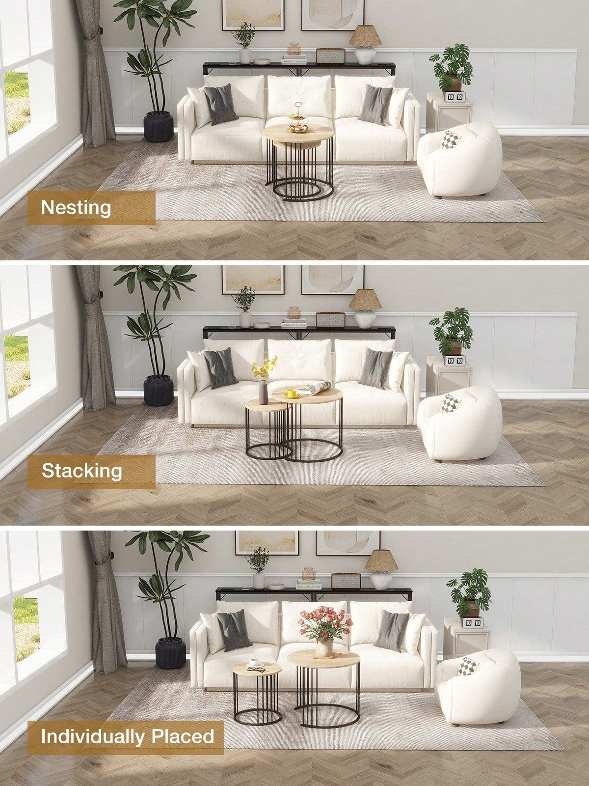 Three different arrangements of a living room setup with a sofa, coffee table, and decorative items.