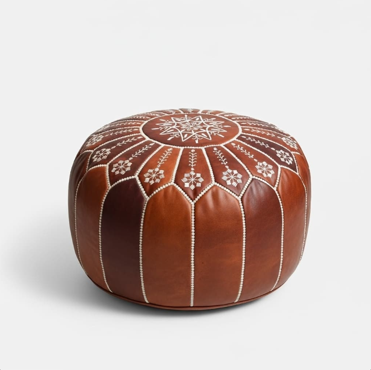 Pouf Rond en Cuir Véritable 21″ – Pouf de Sol Fait Main avec Broderie