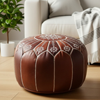 Pouf Rond en Cuir Véritable 21″ – Pouf de Sol Fait Main avec Broderie