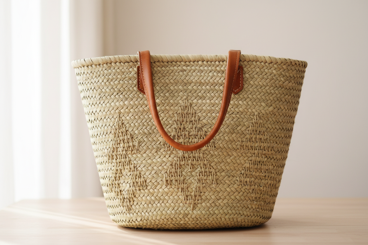Sac en paille marocain : Tote en feuilles de palmier tressées à la main avec poignées en cuir